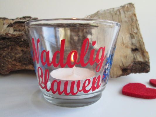 Welsh Nadolig Llawen Glass Christmas Candle Holder