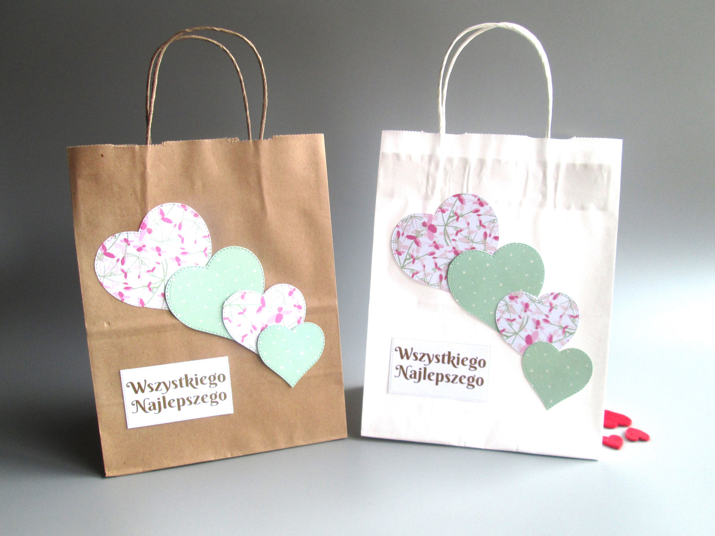 Polish Happy Birthday Wszystkiego Najlepszego Pink / Green Heart Gift Bag