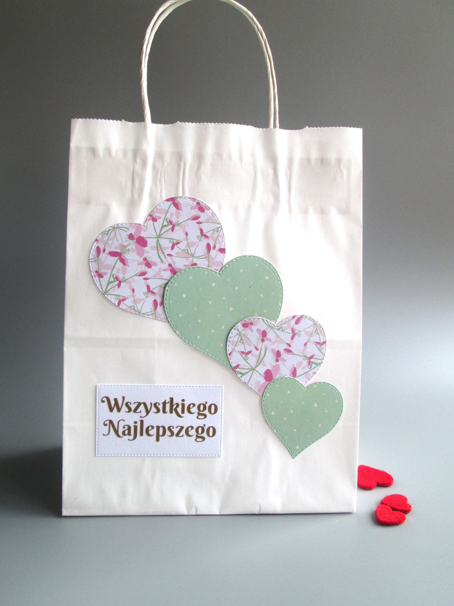 Polish Happy Birthday Wszystkiego Najlepszego Pink / Green Heart Gift Bag