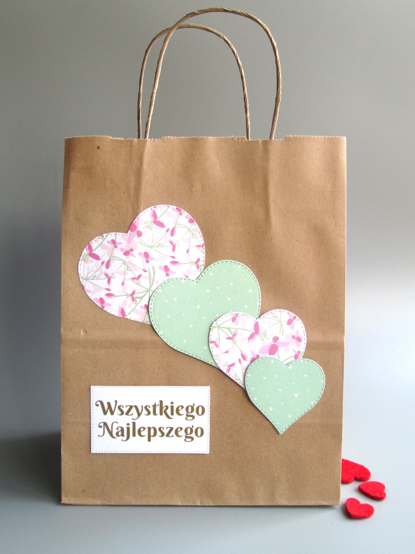 Polish Happy Birthday Wszystkiego Najlepszego Pink / Green Heart Gift Bag