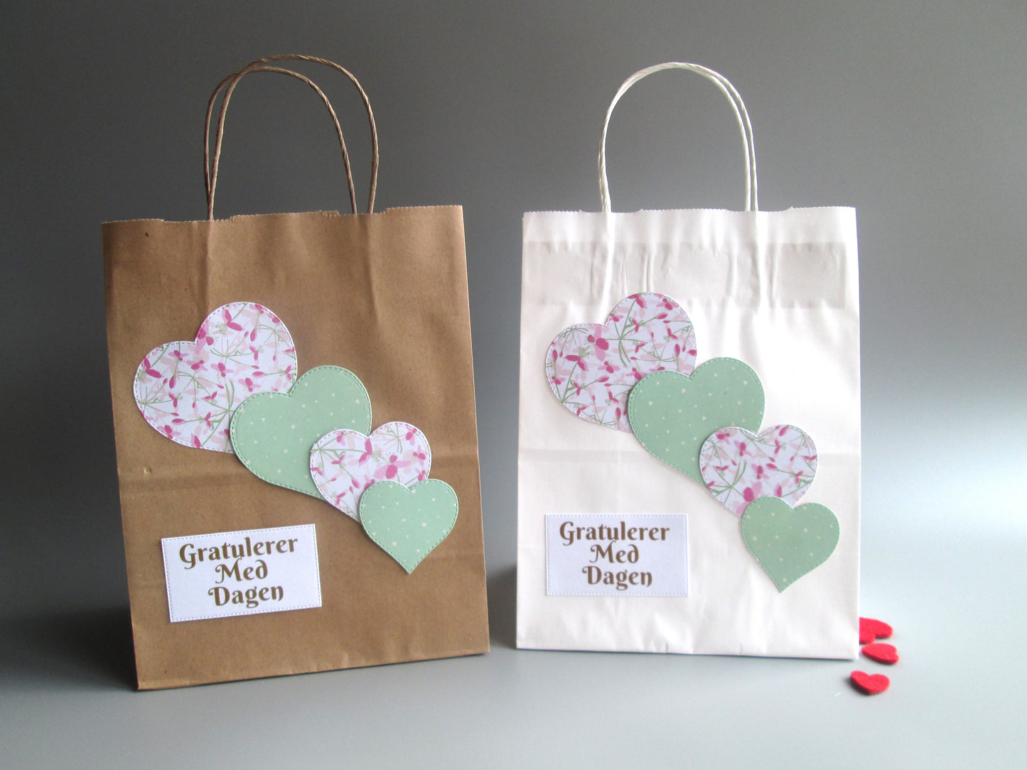 Norwegian Gratulerer Med Dagen Happy Birthday Pink / Green Heart Gift Bag