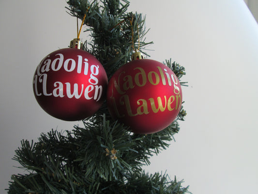 Red / Gold or White Welsh Nadolig Llawen Christmas Tree Bauble Hanging Tree Decoration