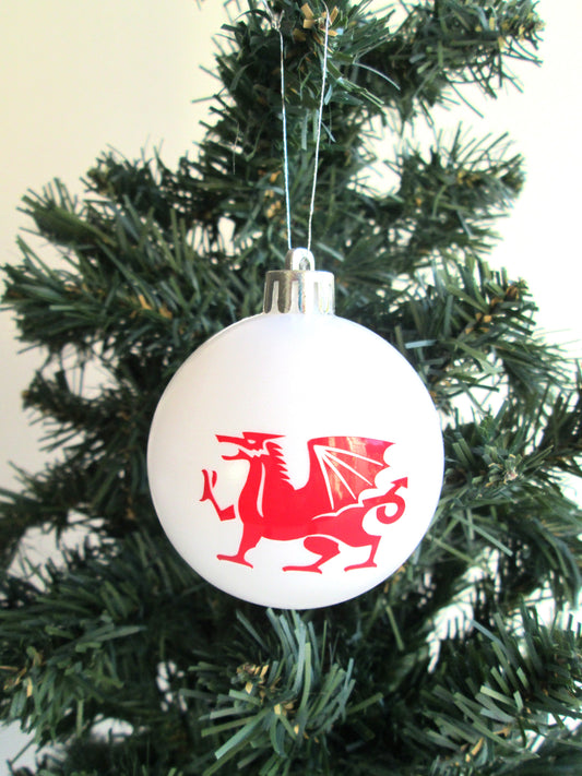 White Welsh Dragon Christmas Tree Bauble Hanging Tree Decoration