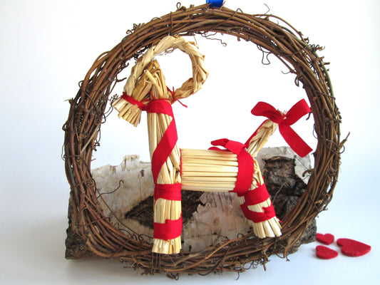 Scandinavian Straw Goat In A Wreath - Christmas Decoration