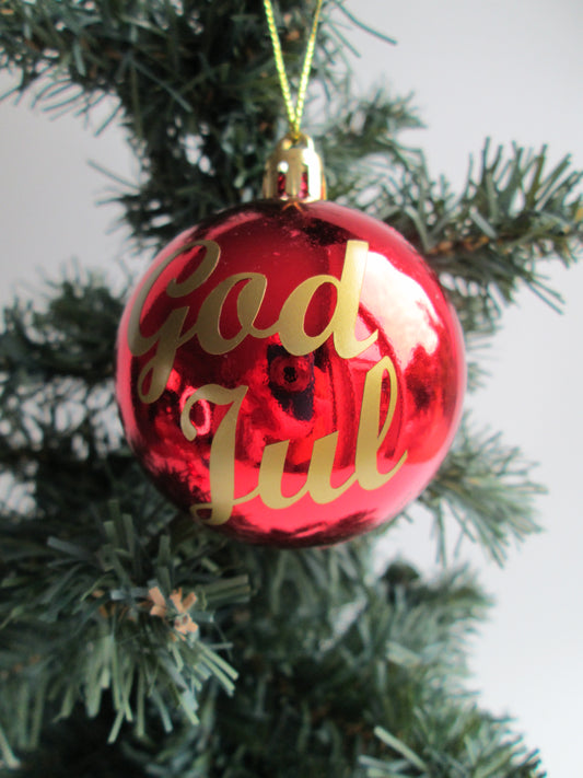 Red / Gold God Jul Norwegian Swedish and Danish Christmas Tree Bauble Hanging Tree Decoration