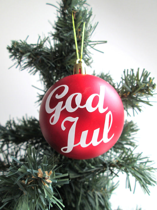 Red / White God Jul Norwegian Swedish and Danish Christmas Tree Bauble Hanging Tree Decoration