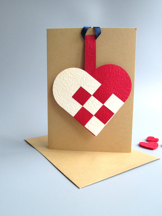 Scandinavian Woven Heart Christmas Greeting Card With Detachable Hanging Decoration.