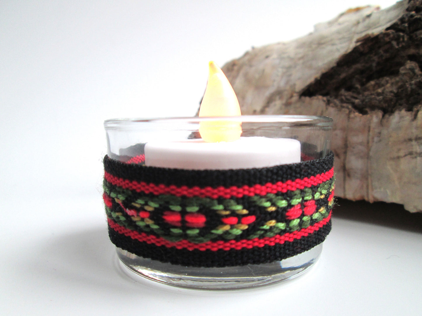 Norwegian Braid Black And Red Woven Wool Candle Holder